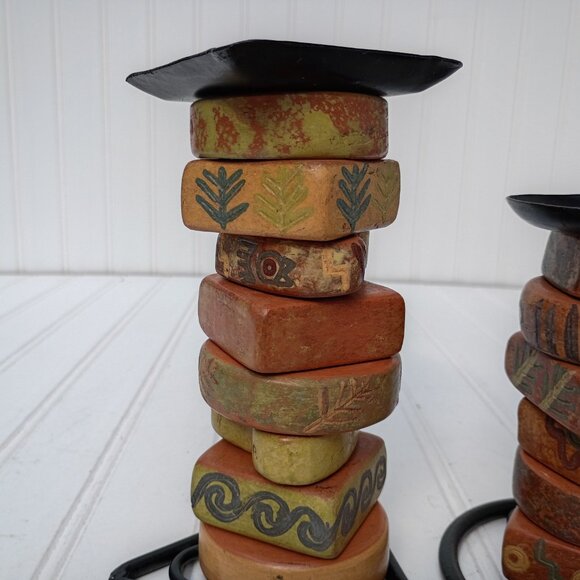 Southwestern Candlesticks Stacked Pottery Pieces Wrought Iron Candle Holder Pair - Picture 2 of 12